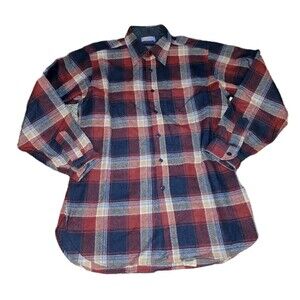 PENDLETON Sz L VINTAGE Red Blue Plaid Buffalo 100% Wool 70's Button Rodeo Shirt